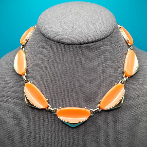 Vintage Orange Lucite Choker Necklace, Gold Tone, 1950s Vintage Jewelry - Picture 1 of 10